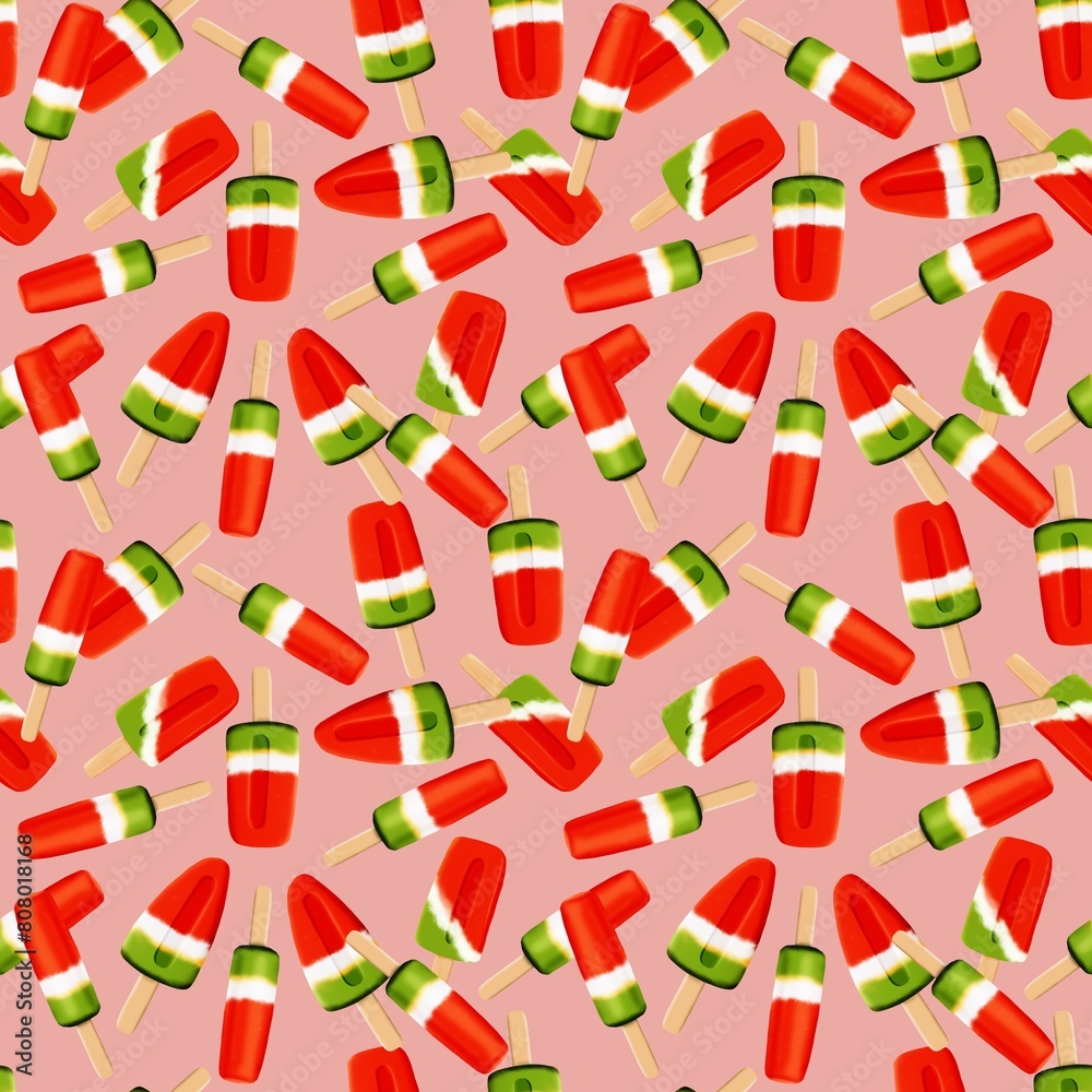 Delicious illustration seamless pattern bright red watermelon ice cream hand drawn on a pink background Delicious illustration seamless pattern bright red watermelon ice cream hand drawn on a pink background
