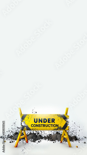 Flat isometric vector like banner illustration UNDER CONSTRUCTION isolated on white background, copy space, 9:16