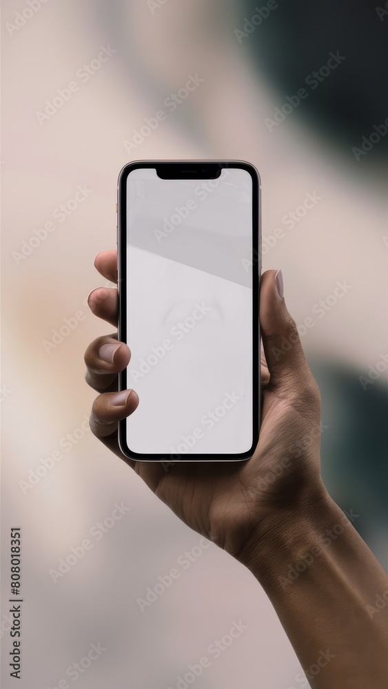 Hand holding smartphone with white mockup screen in white & black warm vibes background. 