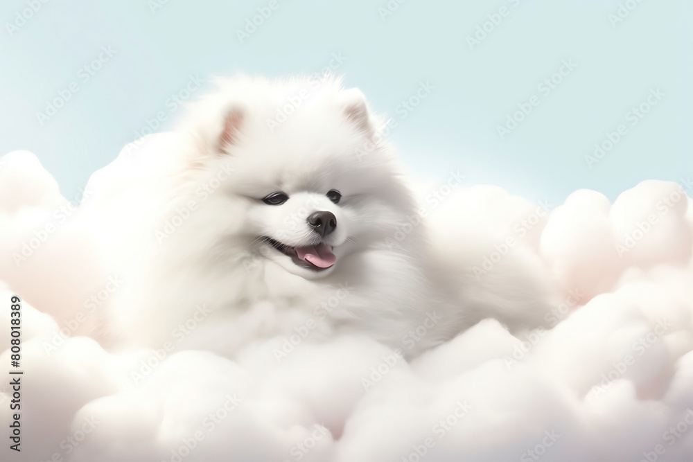 A hyperrealistic 3Drendered fluffy dog resting on a pastel cloud, volumetric lighting, isolated on white
