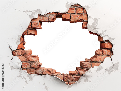 broken red brick wall with hole on transparent background. white background. cut out.