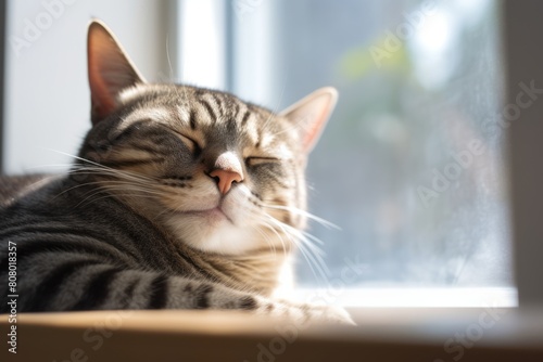 Medium shot portrait photography of a smiling tabby cat napping in bright window