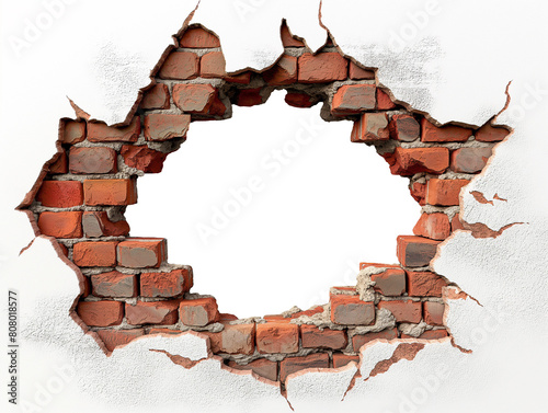 broken red brick wall with hole on transparent background. white background. cut out.