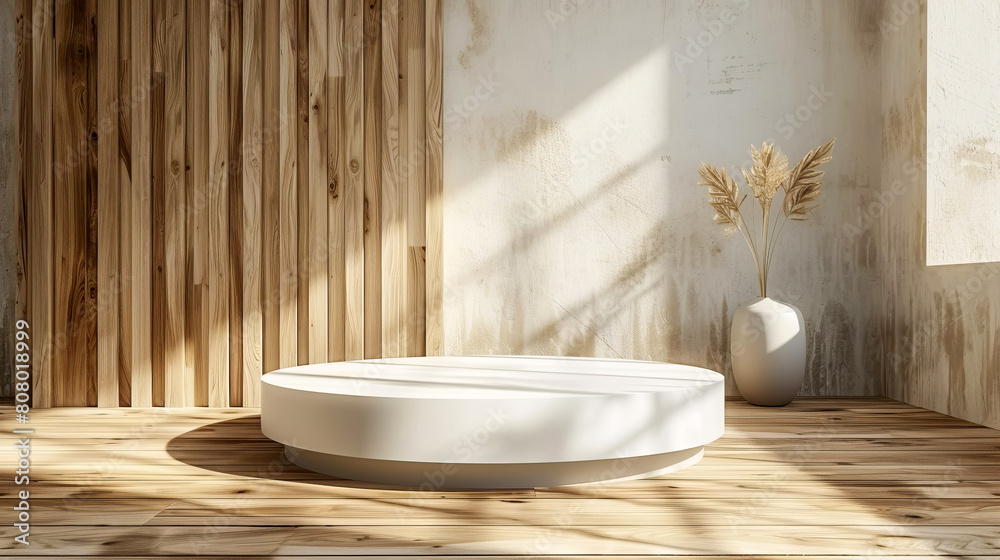 Natural wood grain panels combined with a white cylindrical podium. Natural wood grain panels combined with a white cylindrical podium.