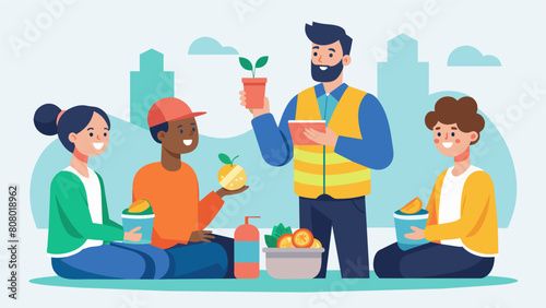 The group takes a break for a safety snack where the instructor discusses the importance of proper nutrition and hydration for maintaining focus and. Vector illustration