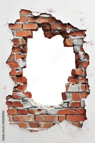 broken red brick wall with hole on transparent background. white background. cut out.