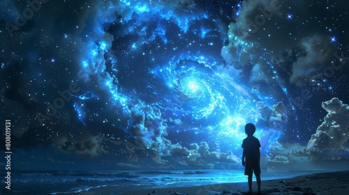 A person standing on a beach looking at the sky, AI