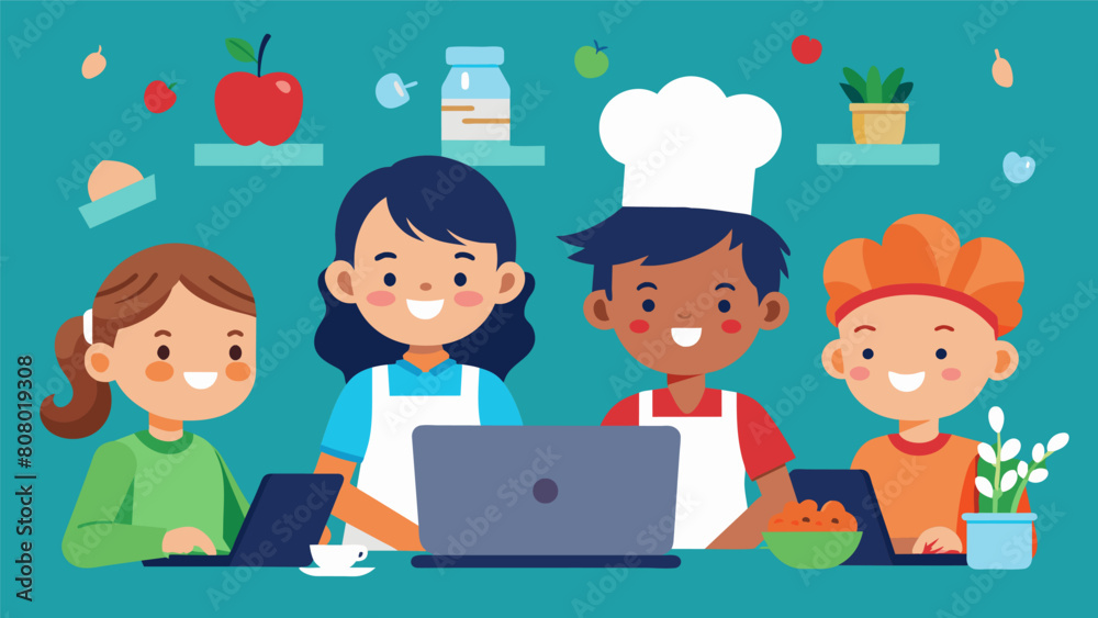 Kids stepping into a virtual cooking competition battling it out to see who can make the most delicious dish.. Vector illustration Kids stepping into a virtual cooking competition battling it out to see who can make the most delicious dish.. Vector illustration