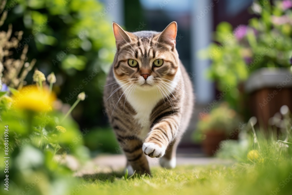 Medium shot portrait photography of a tired american shorthair cat sprinting over garden backdrop