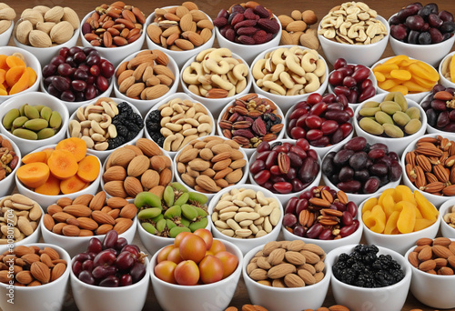 Lots of nuts and dried fruits in bowls
