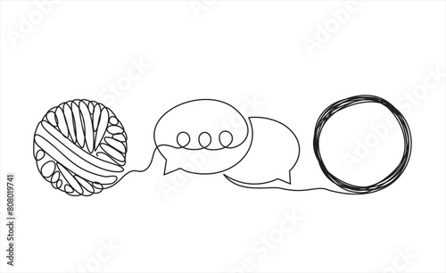 Continuous one line drawing of chaos and speech bubble. Metaphor of disorganized difficult problem, mess with black single continuous tangle thread in need of unraveling isolated on white