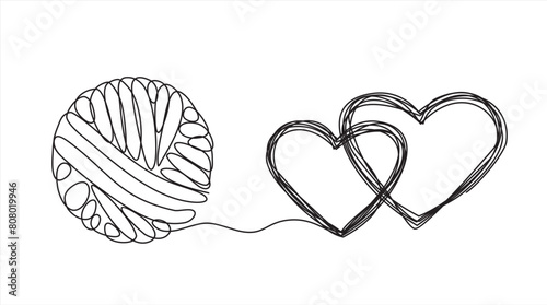 Chaos and hearts abstract minimalist concept vector illustration. Metaphor of disorganized difficult problem, mess with black single continuous tangle thread in need of unraveling isolated on white	