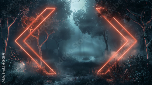 A radiant tangerine neon rhombus frame casts a warm glow over a moody, mist-filled forest at night, with the contrast of the neon light and the natural setting creating a mysterious atmosphere,  © baseer