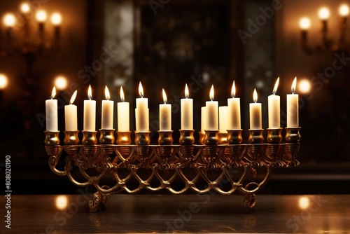 Jewish holiday background with Hanukkah menorah (traditional candelabra) and burning candles  photo