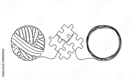 Chaos and order abstract minimalist concept vector illustration. Metaphor of disorganized difficult problem, mess with black single continuous tangle thread in need of unraveling isolated on white