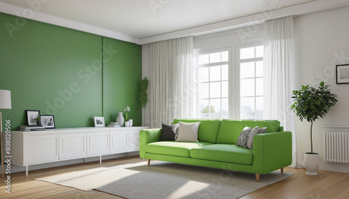 Bright and trendy cushioned sofa couch mockup in a contemporary interior design concept with a minimalist green color style 