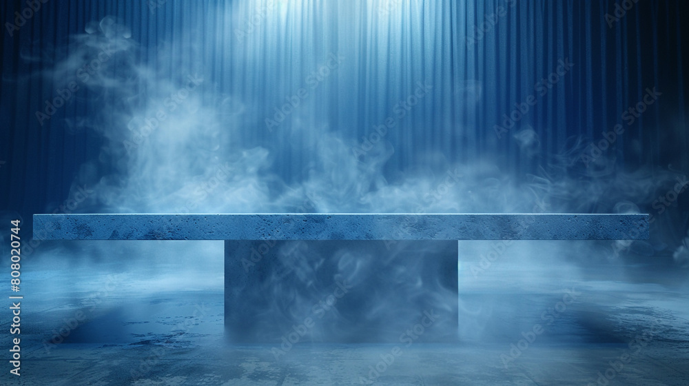 Indigo blue concrete table surrounded by fog in a dimly lit environment.