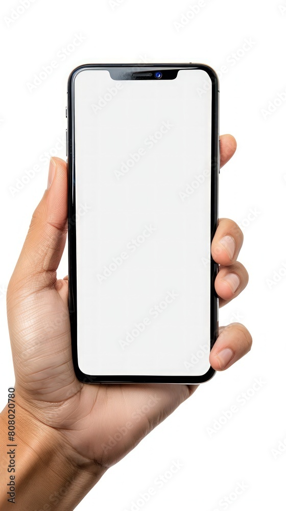 a hand holding a smartphone mockup with a blank white screen, isolated on a white background. This versatile image is perfect for website design, mobile app promotion, and advertisements a hand holding a smartphone mockup with a blank white screen, isolated on a white background. This versatile image is perfect for website design, mobile app promotion, and advertisements