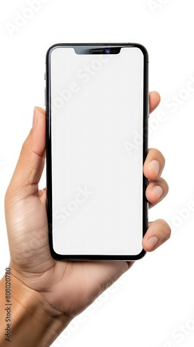 a hand holding a smartphone mockup with a blank white screen, isolated on a white background. This versatile image is perfect for website design, mobile app promotion, and advertisements