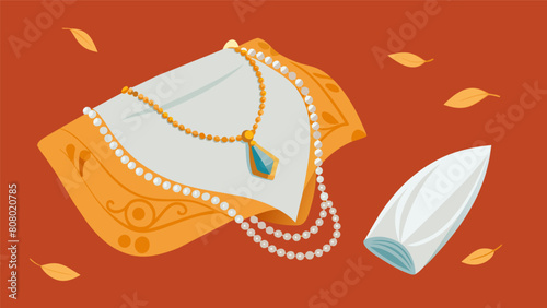 Layers of delicate tissue paper wrap around antique jewelry and delicate handkerchiefs begging to be touched and admired.. Vector illustration