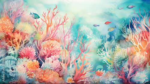 A mesmerizing blend of teal and coral watercolor splashes  echoing the beauty of a coral reef