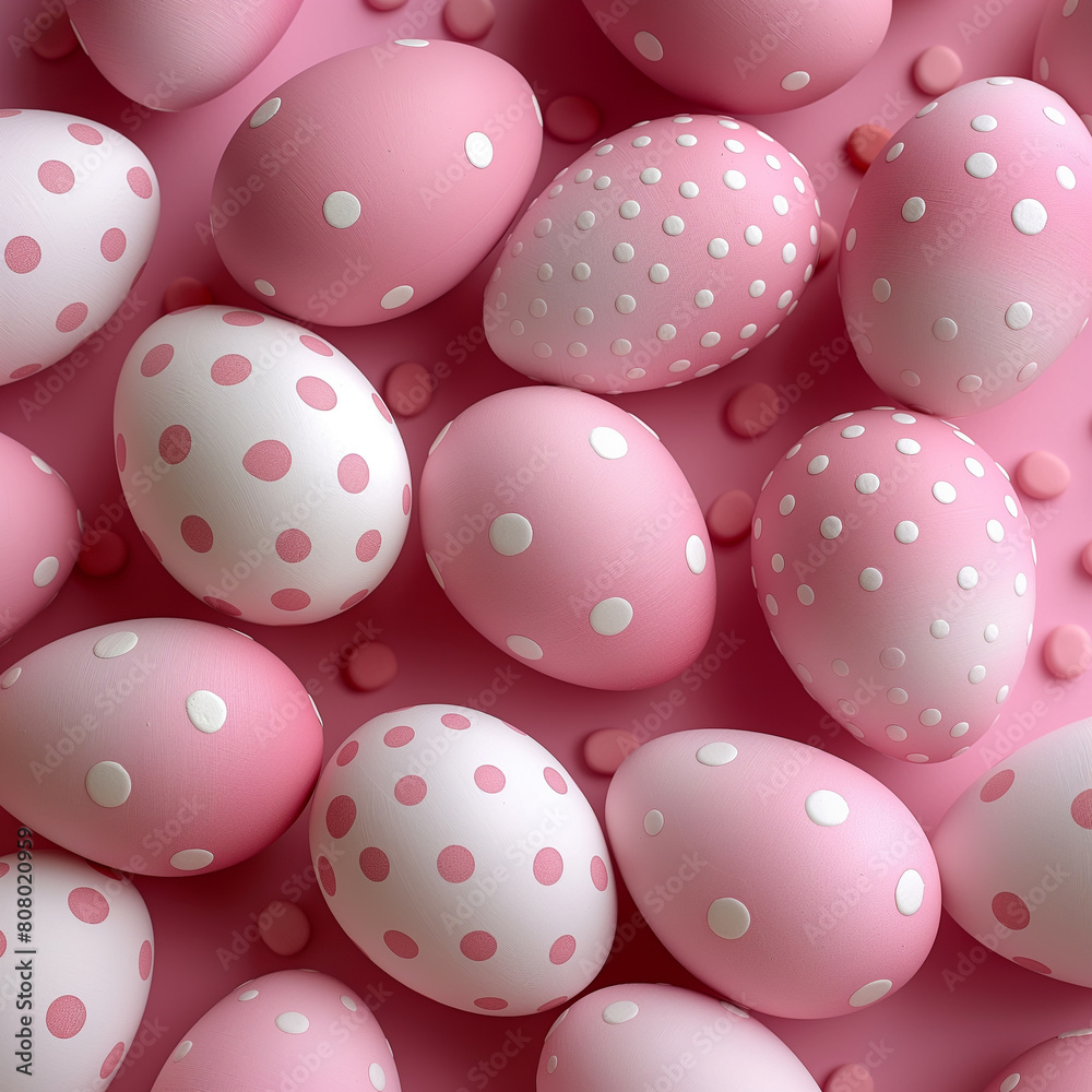 A row of pink and white eggs with polka dots and stripes