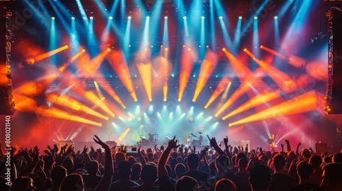 An energetic concert scene with vibrant lights and cheering crowds, capturing the excitement of live music events in the style of various artists