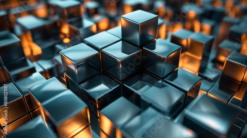 Geometric 3D metallic blocks cascading, simulating a dynamic, ever-changing technology environment