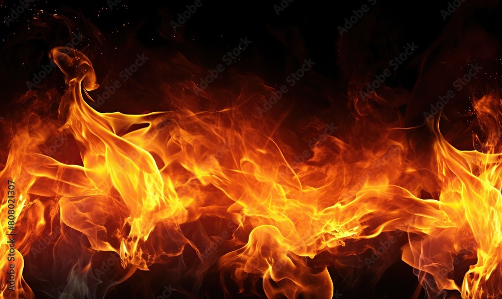 Fire flames isolated on black background. Abstract fire flames texture background.