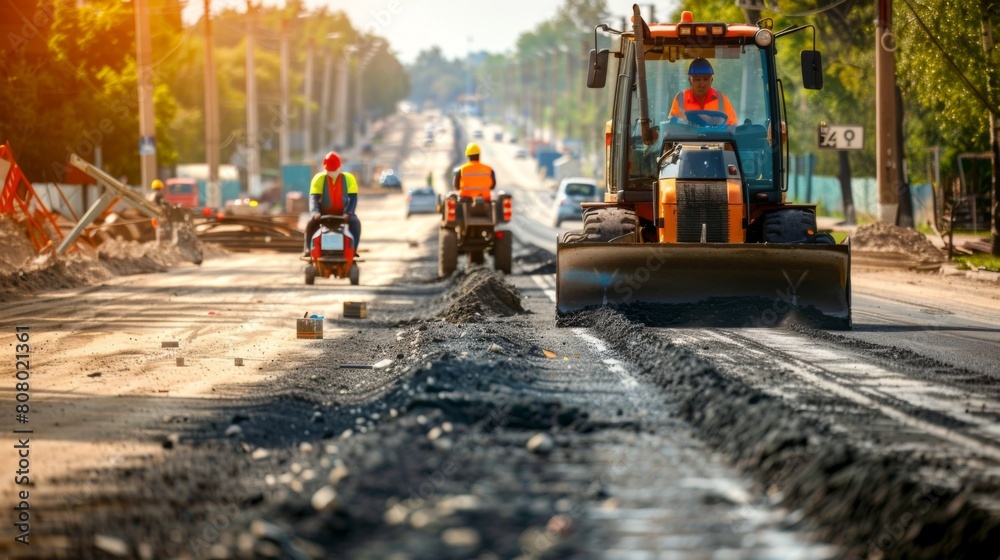 A road construction site with workers in safety gear, highlighting infrastructure development A road construction site with workers in safety gear, highlighting infrastructure development