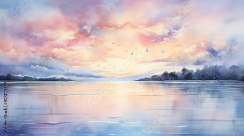 A serene watercolor blend of dawn s first light  with soft pastels welcoming a new day