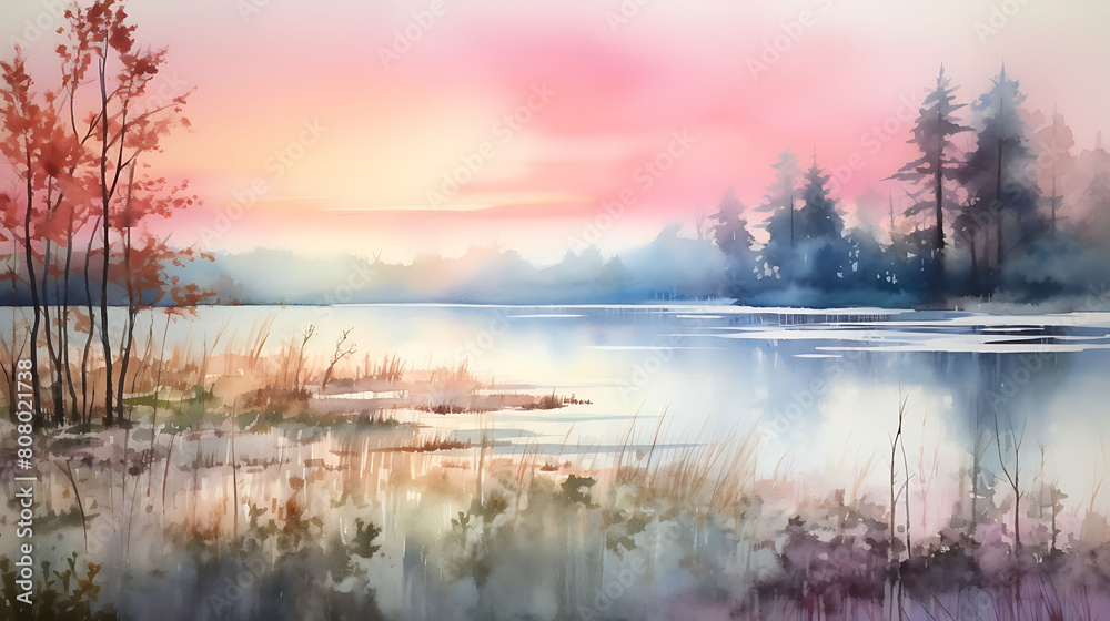 A serene watercolor blend of dawn's first light, with soft pastels welcoming a new day