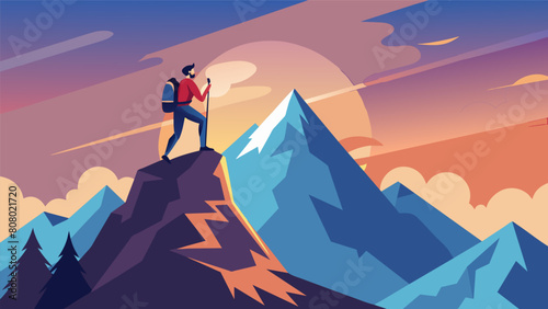 At the summit the climber is met with serene breathtaking views representing the peace and fulfillment that comes with embodying the Stoic virtues.. Vector illustration