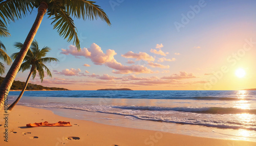 Summer beach sunset with river water and mountains background
