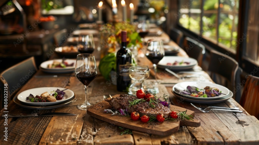 A rustic wooden table set for a steak dinner, inviting indulgence