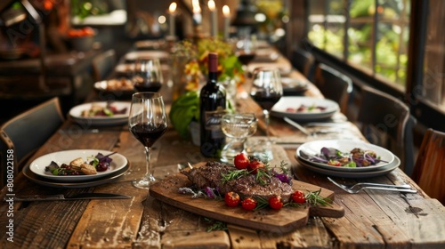 A rustic wooden table set for a steak dinner  inviting indulgence