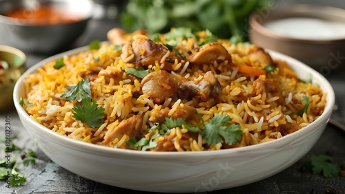 Spicy Chicken Biryani in a White Bowl: Perfect for Iftar. Concept Food Photography, Spicy Cuisine, Ramadan Dinner, Indian Recipe