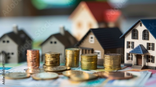 Stacked coins ascending in front of various house models on a bright background, symbolizing property investment growth.