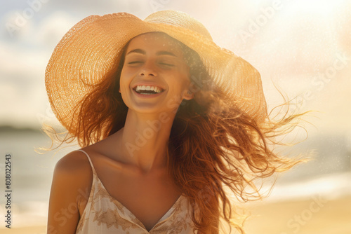 Happy laughing young woman portrait on the beach  wearing a straw sun hat.