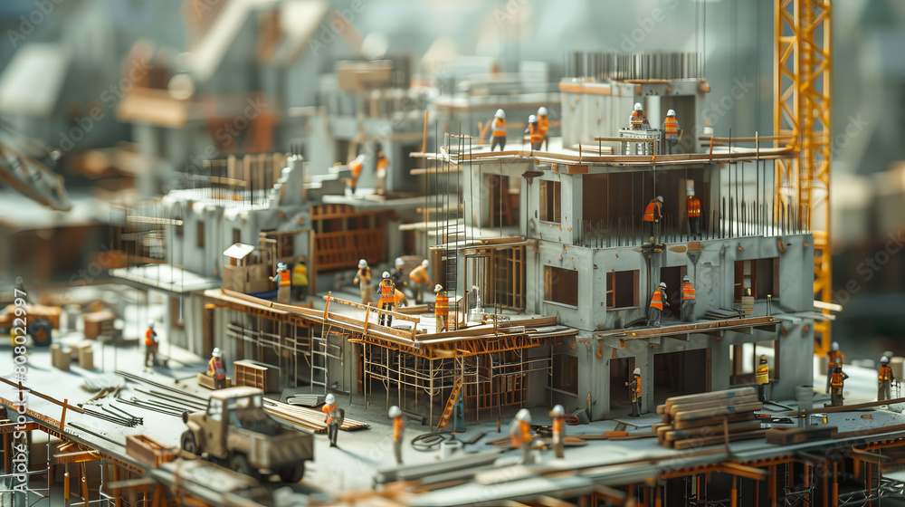 Fototapeta premium A group of construction workers are working on a building