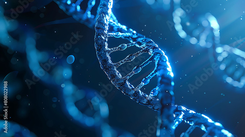 Blue double helix of DNA, closeup on dark blue background.