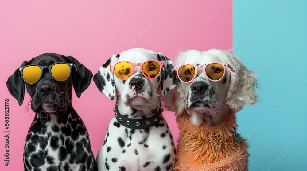 Creative animal concept. Group of Dalmatian dog puppy friends in sunglass shade glasses isolated on solid pastel background, commercial, editorial advertisement, copy text space.