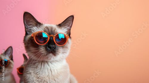 Creative animal concept. Group of Siamese cat kitty kitten friends in sunglass shade glasses isolated on solid pastel background, commercial, editorial advertisement, copy text space.