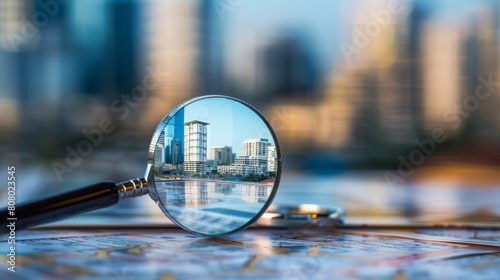 A magnifying glass placed on a map with a city skyline in the background, indicating a focus on a specific location within the urban area.