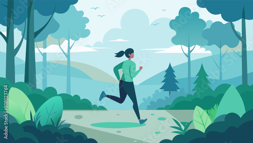 A morning jog through a misty forest the fresh dew on the leaves and crisp air helping to clear the mind and start the day on a positive note..