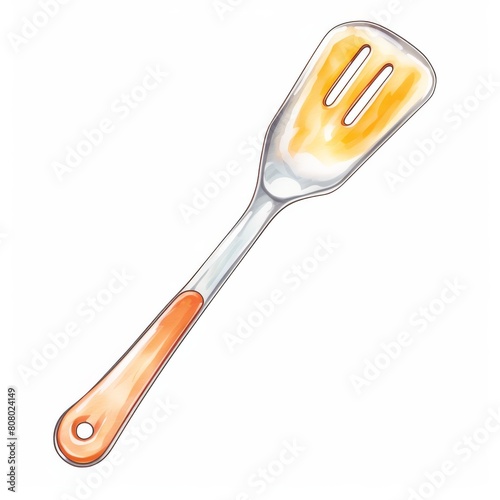 The image shows a metal spatula with an orange handle. The spatula is new and shiny.
