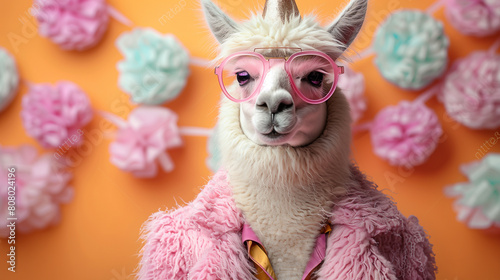 Creative animal concept. Llama in glam fashionable couture high end outfits isolated on bright background advertisement, copy space. birthday party invite invitation banner.