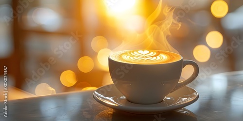 Latte art cappuccino in white cup steam milk coffee shop setting. Concept Coffee, Latte Art, Cappuccino, White Cup, Coffee Shop photo