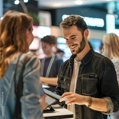 Happy seller man helping to people to buy a new digital smart device in tech store.