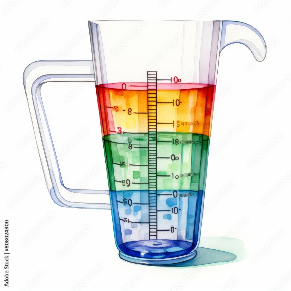 A transparent measuring cup with a handle and a scale, filled with different colored liquids. A transparent measuring cup with a handle and a scale, filled with different colored liquids.